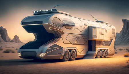 A motorhome with futuristic design in the desert with mountains in the background.の素材