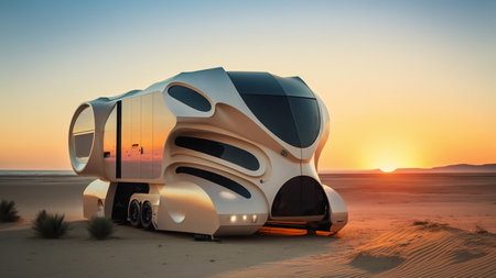 A camper van with futuristic design in the desert at sunset. Holidays in motor home.の素材