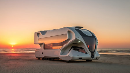 Camper car with futuristic design on the beach at sunset.の素材