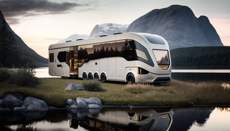 Tourism vacation and travel. Camper van with futuristic design on lake. Holidays in motor home.の素材