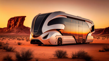A motorhome with futuristic design in the desert at sunset.の素材