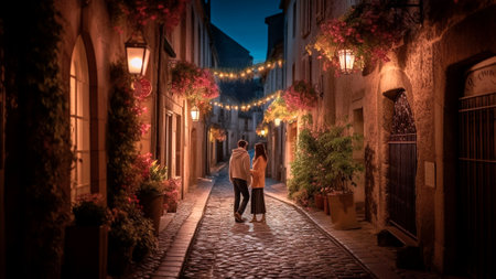 A romantic evening scene of a couple strolling down a quaint cobblestone street.の素材