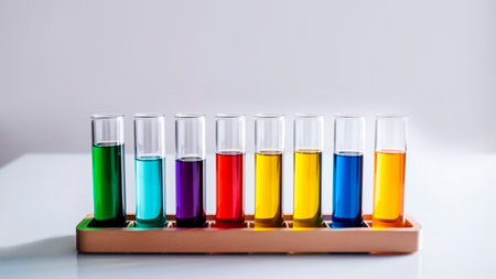 A colorful test tubes on a laboratory bench on white background.の素材