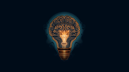 Brain glowing light bulb on dark background. Idea and innovation concept.の素材