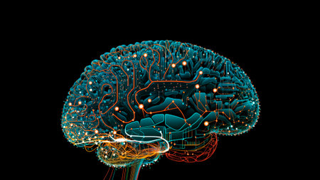 Human brain with microcircuit on black background.の素材