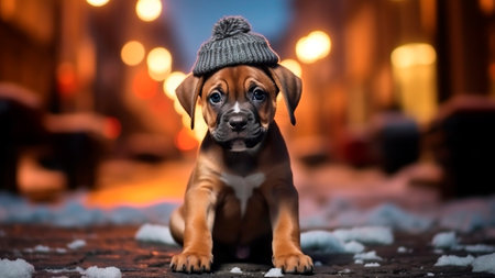 A cute Boxer puppy dog wearing a hat on blurred a snowy street background.の素材