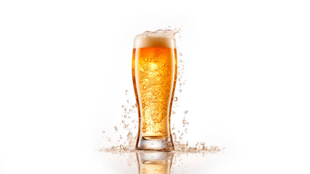 Beer splashing out of a glass isolated on a white background.の素材