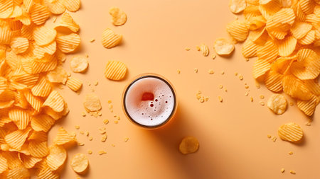 Glass of beer and chips on yellow background, top view.の素材