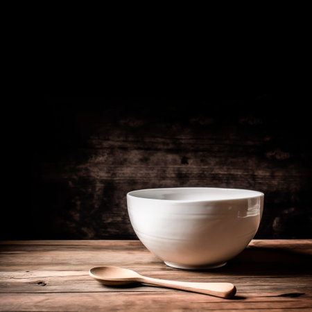 A white ceramic bowl and wooden spoon on a wooden table on dark background with copy space.の素材
