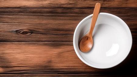 Empty white bowl and spoon on wooden table. Top view with copy space.の素材