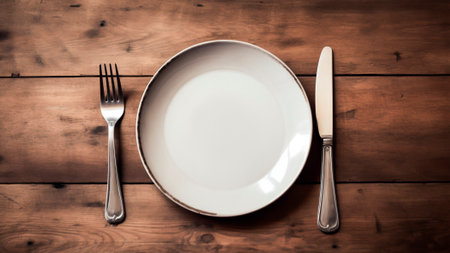 Top view of empty plate, knife and fork on wooden table.の素材