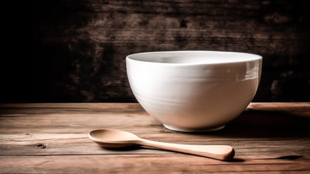 A white ceramic bowl and wooden spoon on a wooden table.の素材