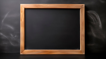 A blank chalkboard with a wooden frame on a black background with copy space.の素材