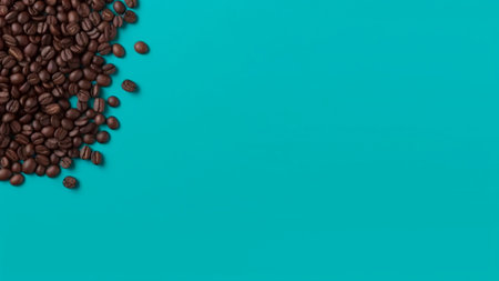 Coffee beans on a blue background with space for text.の素材