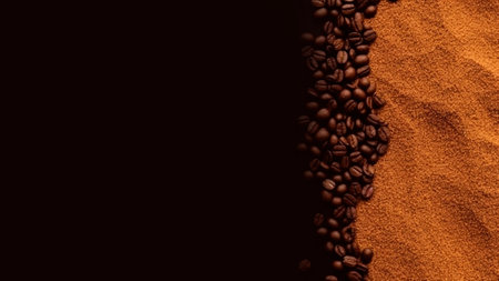 Roasted coffee beans on a dark background. Copy space for your text.の素材