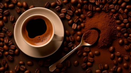 A cup of coffee and a spoon with coffee beans on background.の素材