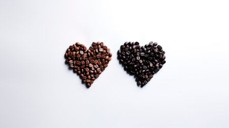 Coffee beans in a hearts shapes on white background.の素材
