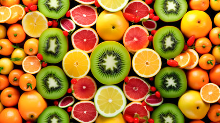A display of fruits background, including Kiwi, grapefruits and oranges.の素材