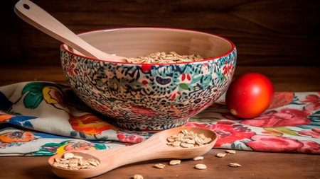 A rustic ceramic bowl with an uncooked oats, with a wooden spoon.の素材