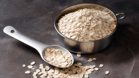 A pile of uncooked oats on sleek measuring cup and spoon.の素材
