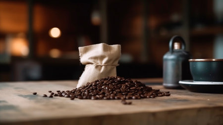 Coffee beans in a burlap bag on a wooden table.の素材