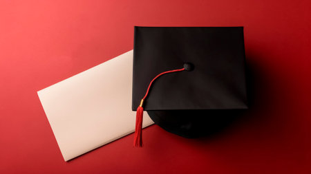 Graduation cap and blank paper with copy space on a red background. Education concept.の素材