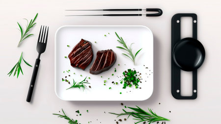 Top view of Grilled beef steak on a white plate with rosemary, pepper, knife and fork. flat lay, minimalist.の素材