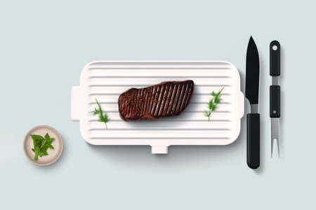 Grilled steak on a white plate, knife and fork on a blue background. Top view, flat lay, minimalist.の素材