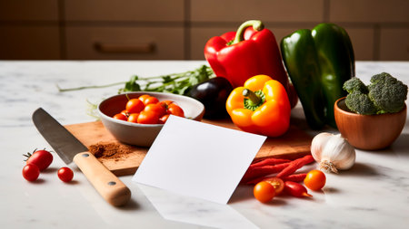 Fresh vegetables on the kitchen table with a blank card for your text.の素材