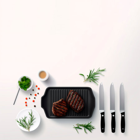 Grilled steaks with rosemary and spices on white background with copy space. Top view, flat lay, minimalist.の素材