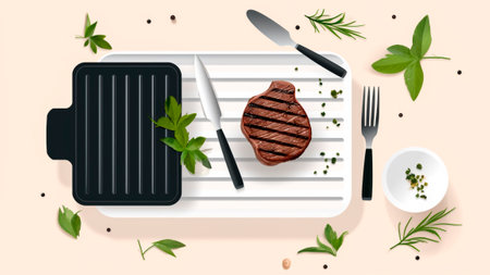 Grilled beef steak on a white cutting board. Top view, flat lay, minimalist.の素材