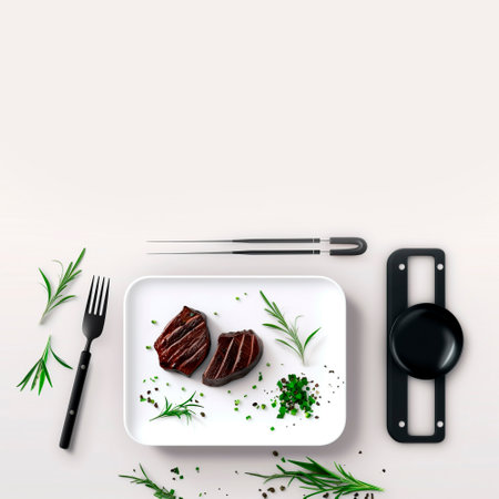 Top view of Grilled beef steak on a white plate with rosemary, pepper, knife and fork. Copy space, flat lay, minimalist.の素材
