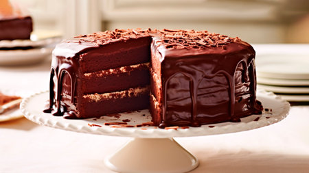 Chocolate cake with chocolate glaze on a white cake stand.の素材