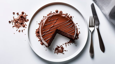 Chocolate cake on a plate with fork and knife on white background, top view, flat lay.の素材