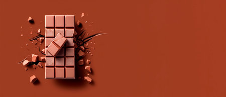 Broken chocolate bar with broken pieces on brown background with copy space.の素材