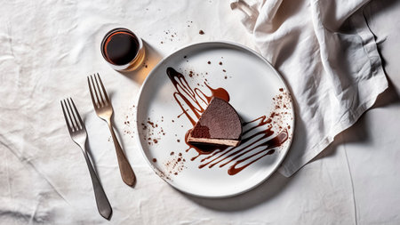 Piece of chocolate cake on a white plate with fork and knife on table, top view, flat lay.の素材
