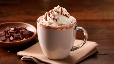 Hot chocolate with whipped cream and chocolate pieces on wooden table.の素材