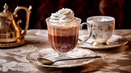 Hot chocolate with whipped cream in a glass cup on the table.の素材
