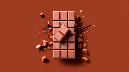 Broken chocolate bar with broken pieces on brown background.の素材