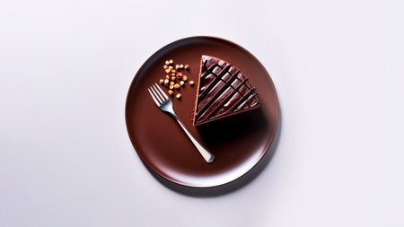 Top view of a chocolate cake on plate with fork on white background with copy space.の素材