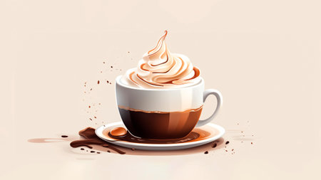 Cup of hot chocolate with whipped cream and chocolate splashes.の素材