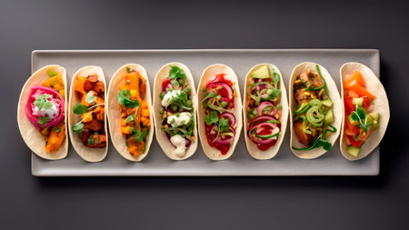 Top view of mexican vegan tacos with vegetables.の素材