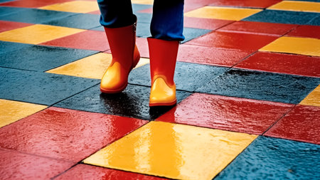 Low section of a person wearing rubber boots standing on a colorful tile floor.の素材
