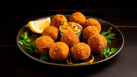 A plate of falafel balls on table on black background. Vegan food concept.の素材