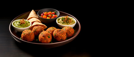 A plate of falafel balls on table on black background with copy space. Vegan food concept.の素材