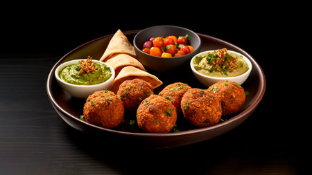 A plate of falafel balls on table on black background. Vegan food concept.の素材