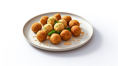 A plate of falafel balls on white background. Minimalist. Vegan food concept.の素材