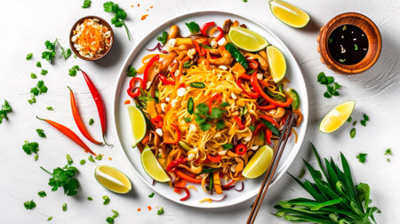 Top view of a plate of Vegan Pad Thai on white background. Vegan food concept.の素材