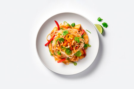 A plate of Vegan Pad Thai on white background. Flat lay. Minimalist. Vegan food concept.の素材