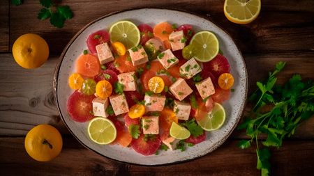 Top view of a plate of tofu ceviche on wooden table. Vegan food concept.の素材
